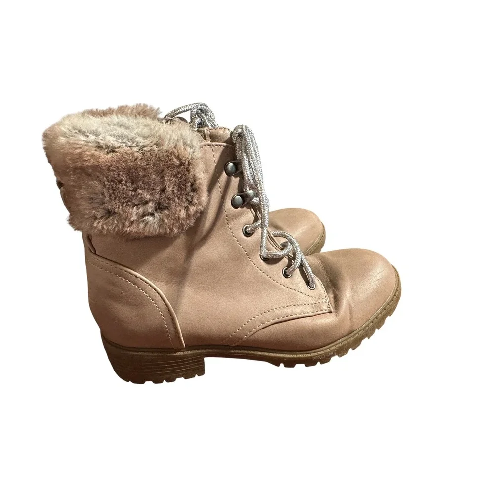 Kids Faux Fur Collar Combat Boots Lace Up Zip Closure‎ Light Pink Casual